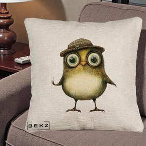 Perna Decorativa Pui Intelectual cu Palarie Tweed, 40x40 cm, Bej Canapea, Husa Detasabila, Perna Inclusa, BEKZ®