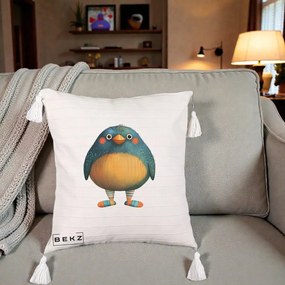 Perna Decorativa Pasare Teal cu Sosete Dunghi, 40x40 cm, Bej cu Franjuri, Husa Detasabila, Perna Inclusa, BEKZ®