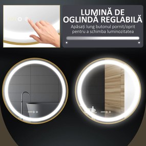 kleankin Oglindă de Baie Rotundă cu Lumină LED, Luminozitate Reglabilă și Întrerupătoare Touch, Ø60x4 cm, Auriu | Aosom Romania