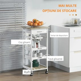HOMCOM Carucior Bucatarie 4 Roti Sertar Cos Sarmă Tavite Detasabile Etajera Lemn Pin 37x37x82cm Alb | Aosom Romania
