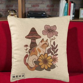 Perna Decorativa Pisica Vintage Florala Boho, 40x40 cm, Bej, Husa Detasabila, Perna Inclusa, BEKZ®