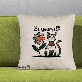 Perna Personalizata Be Yourself Pisica Folk, 40x40 cm, Bej Canapea, Husa Detasabila, Perna Inclusa, BEKZ®
