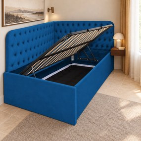 Pat tapițat pentru copii din catifea Elyra 140×200 cm, albastru, colț stânga, cu ladă de depozitare