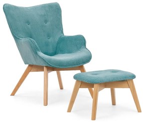 Fotoliu cu taburet turcoaz cu tapițerie din catifea reiată Niko – Ropez