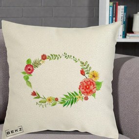 Perna Decorativa Coroana Florala Acuarela, 40x40 cm, Ecru, Husa Detasabila, Perna Inclusa, BEKZ®