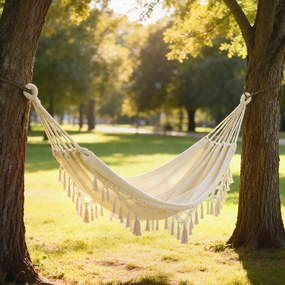 Outsunny Hamac Exterior Boem, Hamac de grădină Suspendat cu Franjuri și Sac de Transport extra-larg 288 x 150 cm, Bej | Aosom Romania