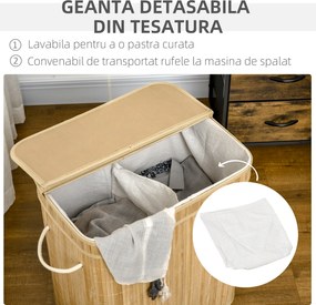 HOMCOM Coș Pliabil pentru Rufe cu 2 Compartimente, Capac Detașabil și Mânere, 54,2x35,2x59,5 cm, Natural | Aosom Romania