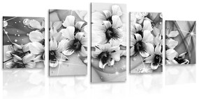 Tablou 5-piese flori alb-negru pe un fundal abstract
