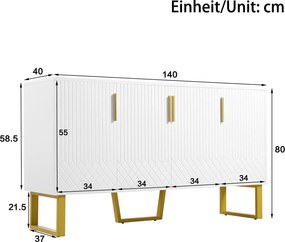 Bufet cu 4 uși, mânere și picioare din metal, spațiu mare de depozitare, 140x40x80 cm, Alb