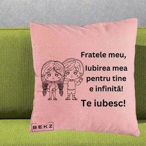 Cadou pentru Frate - Perna Personalizata Fratele Meu Te Iubesc Copii Anime Line Art Negru, 40x40 cm, Roz, Husa Detasabila, Perna Inclusa, BEKZ®
