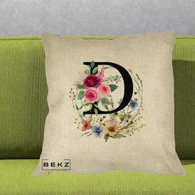 Cadou Personalizat - Perna Personalizata Monogram Litera D cu Flori Acuarela, 40x40 cm, Crem, Husa Detasabila, Perna Inclusa, BEKZ®