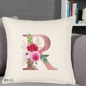Cadou Personalizat - Perna Personalizata Monograma Rose Gold Litera R, 40x40 cm, Crem Reliefat, Husa Detasabila, Perna Inclusa, BEKZ®