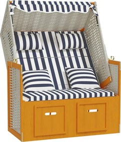 vidaXL Scaun de plajă cu perne, alb/albastru, poliratan și lemn masiv