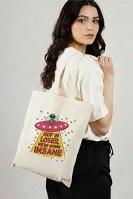 Sacosa de Panza pentru Cumparaturi, Geanta Tote, model Ufo life 38 x 34.5 cm, Alba, BEKZ®