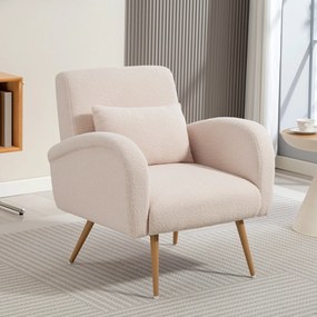 HOMCOM Fotoliu pentru Sufragerie Captusit, Fotoliu de Cameră în Material Teddy cu Pernă Lombardă, Fotoliu de Lectură cu Picioare cu Efect de Lemn din Metal pentru Sufragerie și Birou, 77x77x83 cm, Bej | Aosom Romania