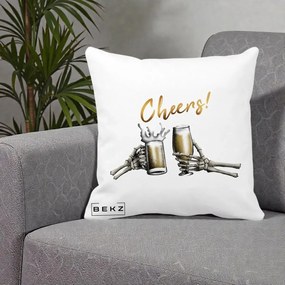 Perna Decorativa Halloween Cheers Schelete cu Bere, 40x40 cm, Alba Mata, Husa Detasabila, Perna Inclusa, BEKZ®