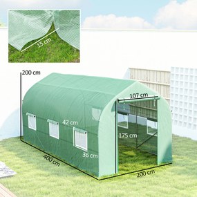 Seră Outsunny de Grădină de Tip Tunel 4x2x2 m cu Uși Rulabile și 6 Ferestre, Seră pentru Grădină cu Acoperiș înclinat, Structură din Metal și Acoperiș PE, pentru Grădinărit legume flori fructe, Verde | Aosom Romania