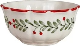 Bol din ceramică artizanală albă cu motiv de Crăciun pictat manual, frunze și fructe roșii, margini ondulate, 13 × 6.5 cm, „Esther Lingonberry"