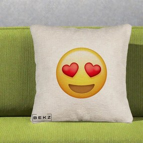 Perna Decorativa Emoji Inimi in Ochi, 40x40 cm, Bej Canapea, Husa Detasabila, Perna Inclusa, BEKZ®