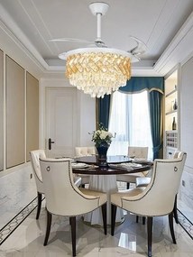 Candelabru cu Ventilator și Telecomandă – 72W LED, 3 Tipuri de Lumină, Intensitate Reglabilă, 6 Viteze, Alb/Auriu