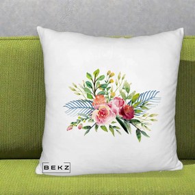 Perna Decorativa Buchet Flori Acuarela Roz-Verde, 40x40 cm, Alb Pufos, Husa Detasabila, Perna Inclusa, BEKZ®