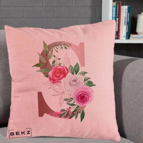 Cadou Personalizat - Perna Personalizata Monograma Rose Gold Litera S, 40x40 cm, Roz, Husa Detasabila, Perna Inclusa, BEKZ®