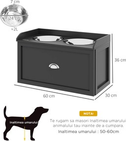 PawHut Boluri Înălțate pentru Câini din Lemn cu Sertar pentru Obiecte, 60x30x36 cm, Negru | Aosom Romania