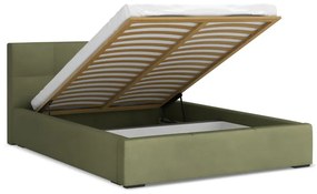 Pat matrimonial verde tapițat din catifea cu spațiu de depozitare cu somieră 140x200 cm Hiko – Makamii