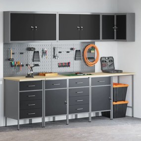 vidaXL Set dulap lucru &amp; panou cârlige, 12 piese, negru, MDF &amp; metal