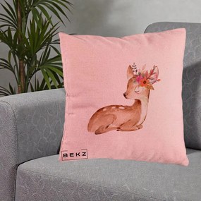 Perna Decorativa Caprioara cu Flori in Coama, 40x40 cm, Roz, Husa Detasabila, Perna Inclusa, BEKZ®