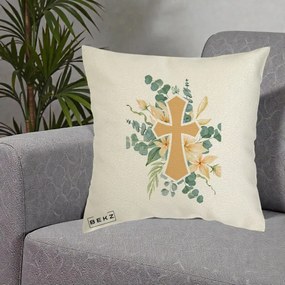 Perna Personalizata Cruce Florala Botez, 40x40 cm, Ecru, Husa Detasabila, Perna Inclusa, BEKZ®