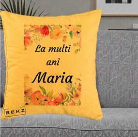 Cadou de Onomastica - Perna Personalizata La Multi Ani Maria Flori Acuarela, 40x40 cm, Galben, Husa Detasabila, Perna Inclusa, BEKZ®