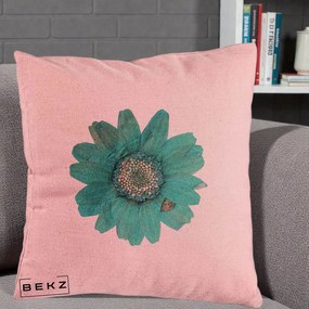 Perna Decorativa Floare Gerbera Teal Acuarela, 40x40 cm, Roz, Husa Detasabila, Perna Inclusa, BEKZ®