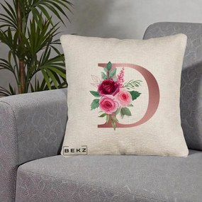 Cadou Personalizat - Perna Personalizata Monograma Rose Gold Litera D, 40x40 cm, Bej Canapea, Husa Detasabila, Perna Inclusa, BEKZ®