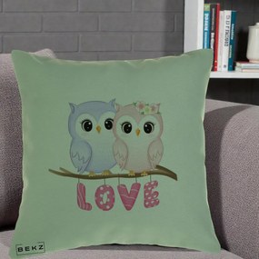 Perna Decorativa Love Bufnite Indragostite pe Crenguta Roz si Mov, 40x40 cm, Verde, Husa Detasabila, Perna Inclusa, BEKZ®