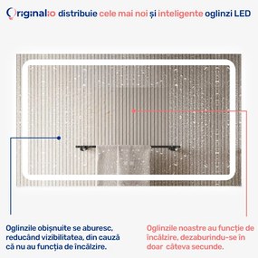 Oglindă LED Dreptunghiulară (110x70 cm), 3 Moduri Iluminare (Lumină Rece, Naturală, Caldă), Intensitate Reglabilă, Funcție Dezaburire, Control Tactil (Touch)