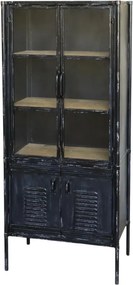 Dulap vitrină industrial din metal, negru, cu 2 uși vitrate, 2 uși cu jaluzele și 3 rafturi, finisaj antichizat, 140 x 60 x 38,5 cm, „Forge”