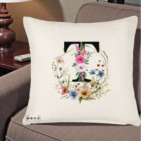 Cadou Personalizat - Perna Personalizata Monogram Litera T cu Flori Acuarela, 40x40 cm, Crem Reliefat, Husa Detasabila, Perna Inclusa, BEKZ®