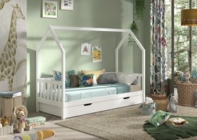 Pat‑căsuță 90 × 200 cm ALB cu balustradă și sertar – refugiu sigur și somn liniștit – gamă Dallas – Vipack
