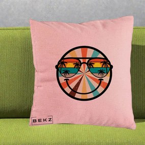 Perna Decorativa Smiley Face Retro Sunset Palmieri, 40x40 cm, Roz, Husa Detasabila, Perna Inclusa, BEKZ®