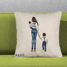Cadou pentru Mama - Perna Personalizata Mom of Boys Mama cu Baietii, 40x40 cm, Bej Canapea, Husa Detasabila, Perna Inclusa, BEKZ®