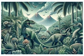 Tablou dinozauri în junglă cu vulcani