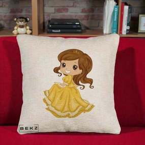 Perna Decorativa Printesa Bella Rochie Aurie, 40x40 cm, Bej Canapea, Husa Detasabila, Perna Inclusa, BEKZ®