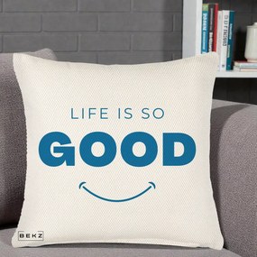 Perna Decorativa Life is So Good Mesaj Pozitiv, 40x40 cm, Crem Reliefat, Husa Detasabila, Perna Inclusa, BEKZ®