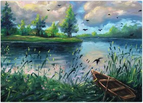 Tablou- Pictură în ulei, seară de vară lângă lac (70x50 cm)