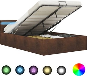 vidaXL Cadru pat hidraulic cu ladă și LED, maro, 120 x 200 cm, textil