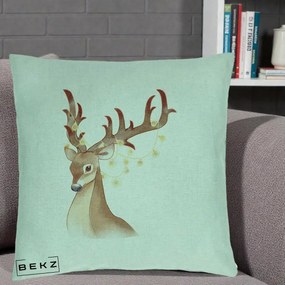 Perna Decorativa Ren cu Luminite de Craciun, 40x40 cm, Verde Menta, Husa Detasabila, Perna Inclusa, BEKZ®