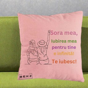 Cadou pentru Sora - Perna Personalizata Sora Mea Te Iubesc Doua Fete cu Palarie si Umbrela, 40x40 cm, Roz, Husa Detasabila, Perna Inclusa, BEKZ®