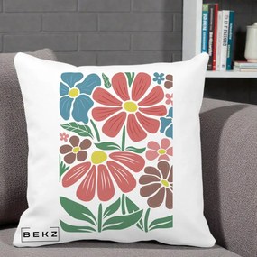 Perna Decorativa Flori Grafice Colorate Retro, 40x40 cm, Alba Mata, Husa Detasabila, Perna Inclusa, BEKZ®