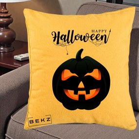 Perna Decorativa Happy Halloween Dovleac Negru cu Paianjen, 40x40 cm, Galben, Husa Detasabila, Perna Inclusa, BEKZ®